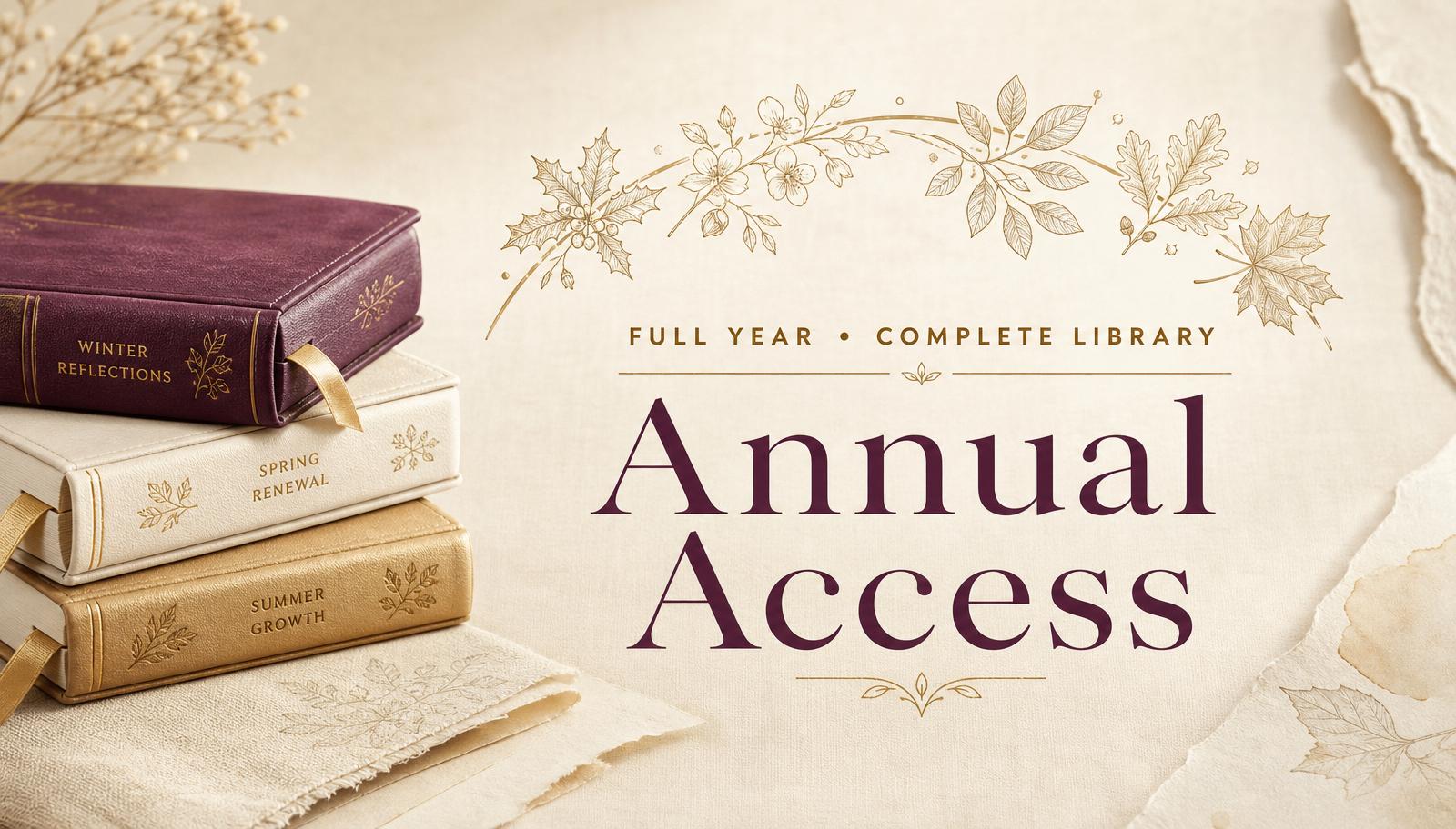 Cream and gold cover for the Annual Access Library — A year inside the full library of devotionals and tools.